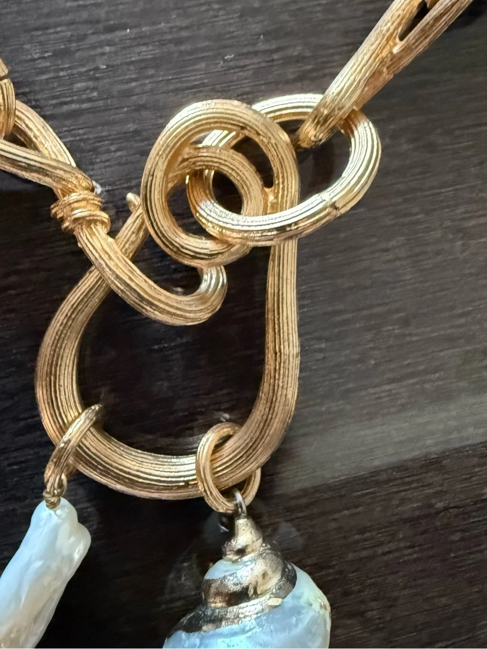 Gold-Tone Knot Link Necklace with Irregular Pearl Drops